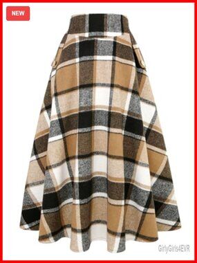 Women's High Waisted Wool Plaid A-Line Pleated Maxi Long Skirt Fall Winter